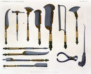 Planche de vénerie : équipement du veneur du XVIe siècle. Dans « Le Moyen Âge et la Renaissance » par Lacroix.