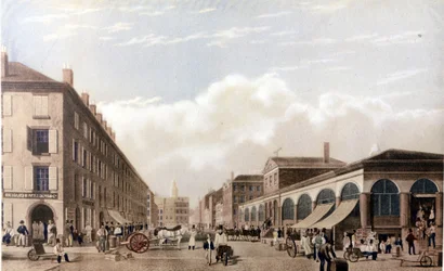 Vue de New York : Marché à Fulton Street. Lithographie SD vers le milieu du 19ème siècle.