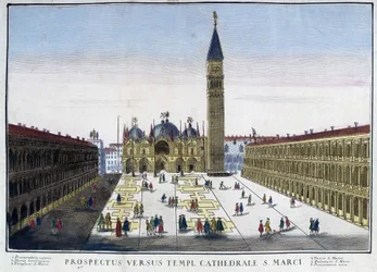 Vue de la Basilique et du Campanile depuis la place Saint-Marc à Venise, Italie. Gravure du 18ème siècle
