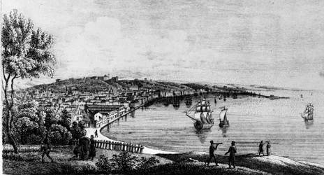 Vue du port de la ville de Trieste (période autrichienne), gravure du 19e siècle.