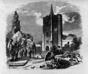 Vue de la tombe du poète et dramaturge italien Ugo Foscolo (1778-1827) au cimetière de Chiswick à Londres. Gravure du XIXe siècle