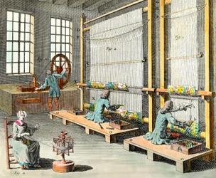 Vue des ateliers et de la manufacture des tapisseries dans la grande manufacture des Gobelins à Paris Gravure du 18e siècle Collection privée