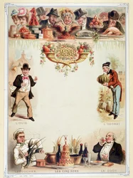 Menu vierge, illustrant les cinq sens - chromolithographie, fin 19e siècle