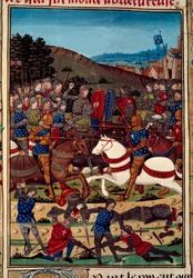 Guerre de la Ligue du Bien public : la bataille de Montlhéry le 16/07/1465 entre Louis XI et Charles, comte de Charolais (futur Charles le Téméraire). Miniature illuminée du manuscrit « Vigiles du roi Charles VII »