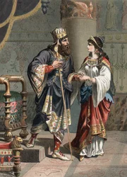 Xerxès Ier, roi achéménide de Perse (519-465 av. J.-C.), avec son épouse Amestris. Gravure de 1881 dans «El Culto de la Hermosura» de Juan Justo Huguet, Molinas Hermanos Editores
