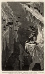Jeune esquimau attrapant des manchots arctiques. Gravure pour illustrer le voyage vers la mer libre du pôle Arctique, par le Docteur Hayes, chirurgien de la Marine des États-Unis, 1860-1862, publié dans « Le tour du monde, nouveau journal des voyages »