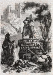 Zerbin sur le bûcher, délivré par Roland - gravure de 1851 de « Roland furieux »