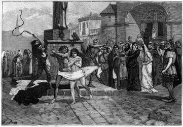 Un homme et une femme adultères sont fouettés sur la place publique dans un village en France au Moyen Âge. Gravure du 19ème siècle illustrant les mœurs des Français.
