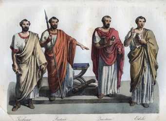 Magistrats de la Rome antique - Tribunus (Tribun) - praetor (Préteur) (Magistrat) - Quaestores (Questeurs) - aediles (Édiles), gravure tirée de « Usi e Costumi di Tutti i Popoli dell