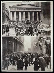 En haut : Jours noirs à Wall Street ; en bas : la Bourse de Londres au moment du krach de 1929, tiré de „Pesti Naplo“
