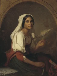 Une femme italienne filant du lin