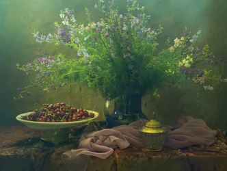 Nature morte florale sombre aux cerises
