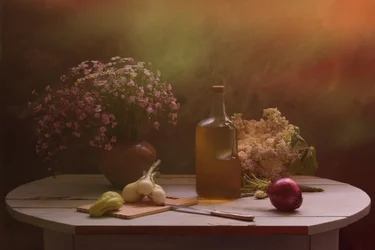 Table de récolte avec des fleurs