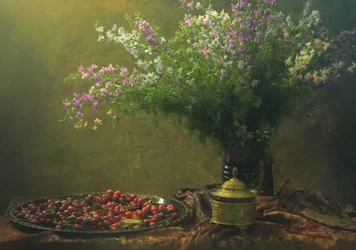 Cerises vintage et fleurs sauvages