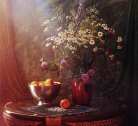 Nature morte aux fleurs sauvages et aux pêches
