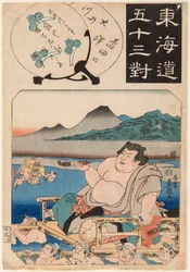 Le fleuve Oi (traversé par un lutteur de sumo assis sur une chaise à porteurs)