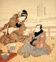 Onoe Kikugoro III prenant le thé à Shinagawa, vers 1825 (impression sur bois en couleur)