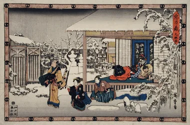 Acte IX : le suicide de Honzō devant sa famille ; Yuranosuke, vêtu en komusō, se prépare à attaquer Moronao