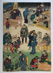 Personnages de pièces de théâtre en marchands et clients, de la série Le prospère quartier de Jōruri