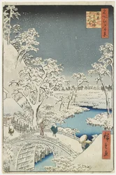 Pont du Tambour et colline du coucher de soleil à Meguro, avril 1856