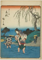 Fujieda, de la série "Les cinquante-trois stations [du Tokaido] (Gojusan tsugi)," également connue sous le nom de Figure Tokaido (Jinbutsu Tokaido)