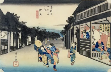 Goyu : serveuses sollicitant les voyageurs, de la série « 53 stations du Tokaido », publiée en 1833-34