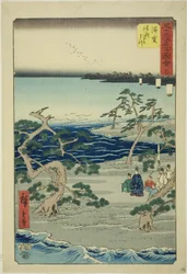 Hamamatsu : Les célèbres pins murmurants (Hamamatsu, meisho zazanza no matsu), no. 30 de la série "Sites célèbres des cinquante-trois stations (Gojusan tsugi meisho zue)," également connue sous le nom de Tokaido vertical