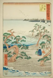Hamamatsu : Les célèbres pins murmurants (Hamamatsu, meisho zazanza no matsu), n° 30 de la série « Vues célèbres des cinquante-trois stations (Gojusan tsugi meisho zue) », également connue sous le nom de Tokaido vertical