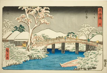 Hodogaya : Rivière Katabira et Pont Katabira (Hodogaya, Katabiragawa Katabirabashi)—No. 5, de la série "Les cinquante-trois stations du Tokaido (Tokaido gojusan tsugi)", également connue sous le nom de Reisho Tokaido