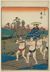 Kanaya, de la série "Cinquante-trois stations [du Tokaido] (Gojusan tsugi)," également connue sous le nom de Figure Tokaido (Jinbutsu Tokaido)