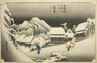 Kanbara: Neige du Soir (Kanbara, yoru no yuki), de la série "Les Cinquante-trois Stations du Tokaido (Tokaido gojusan tsugi no uchi)," également connue sous le nom de Hoeido Tokaido
