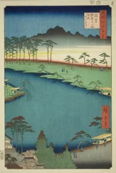 Sanctuaire Kumano Junisha à Tsunohazu, connu sous le nom de Juniso (Tsunohazu Kumano Junisha, zokusho Juniso), de la série "Cent vues célèbres d