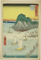 Maisaka : Bateaux traversant la mer à Imagiri (Maisaka, Imagiri kaijo funewatashi), n° 31 de la série "Vues célèbres des cinquante-trois stations (Gojusan tsugi meisho zue)", également connue sous le nom de Tokaido vertical