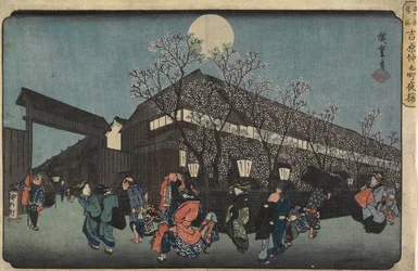Vue nocturne de Nakanomachi avec des cerisiers en fleurs à Yoshiwara, 1832-1834