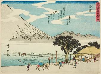 Numazu, de la série "Cinquante-trois stations du Tokaido (Tokaido gojusan tsugi)," également connue sous le nom de Tokaido avec poème (Kyoka iri Tokaido)