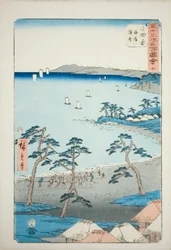 Odawara : Maisons de pêcheurs sur la plage (Odawara, kaigan gyosha), n° 10 de la série "Sites célèbres des cinquante-trois stations (Gojusan tsugi meisho zue)", également connue sous le nom de Tokaïdo vertical.