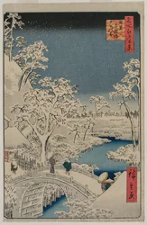 Image du crépuscule au pont du tambour à Meguro, de la série 100 Vues de lieux célèbres à Edo