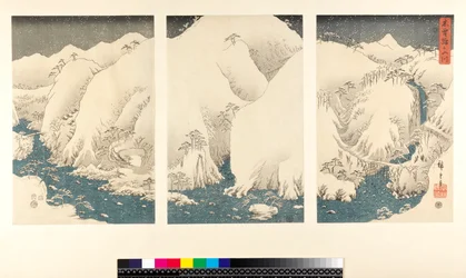 Tempête de neige dans les montagnes et les rivières de Kiso, (sanmaitsuzuki - triptyque, yoko-e - format horizontal, estampe sur bois en couleur)