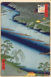 Le ferry de Kawaguchi et le temple Zenkoji de One Hundred famous views of Edo, 1857