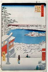 Vue du sommet de la pente au sanctuaire Tenjin à Yushima, 1856-1858