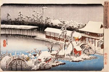 Vue du sanctuaire Kameido Tenmangū sous la neige