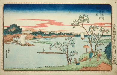 Vue des cerisiers feuillus le long de la rivière Sumida, de la série "Vues célèbres de la capitale orientale"