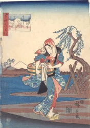 Femme lavant des vêtements près de la rivière Chofu: Six rivières Tama