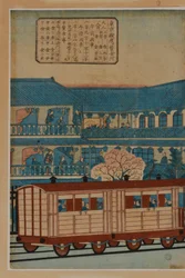 Une gare, vers 1870 (triptyque de gravures sur bois japonaises)