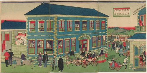 Image du train à vapeur des établissements étrangers de Yokohama, époque Meiji