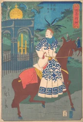 Femme américaine chevauchant en amazone sur la route à Hommoku, Motomura, Yokohama, 2ème mois, 1861