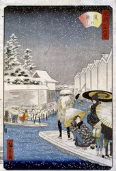 Bateaux sous la neige, Japon - estampe de Hiroshige