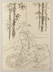 Dessin préparatoire pour la feuille gauche du triptyque Élégant trio instrumental de jeunes filles