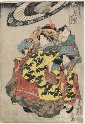 Les courtisanes Hanamurasaki et Koshikibu de Tamaya se promenant sous la pluie
