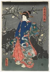 Jeune fille sous les cerisiers en fleurs, vers 1838-80 (nishiki-e, gravure sur bois multicolore)